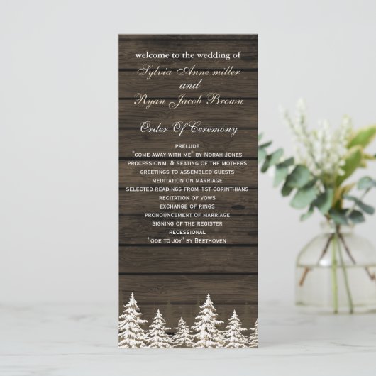Barnwood Rustieke Pijnbomen, winter bruiloft progr Programmakaart (Staand voorkant)