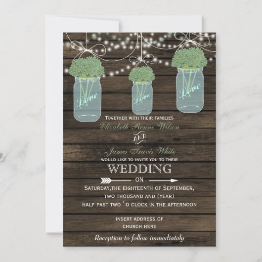 Barnwood, sage mason jar bruiloft uitnodigingen (Voorkant)