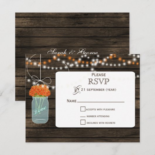 Barnwood sinaasappels bloemenmetselaarskruiken bru RSVP kaartje (Voorkant / Achterkant)