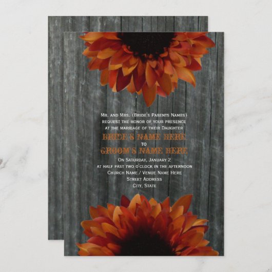 Barnwood & Sunflower Fall Wedding Invitation Kaart (Voorkant / Achterkant)