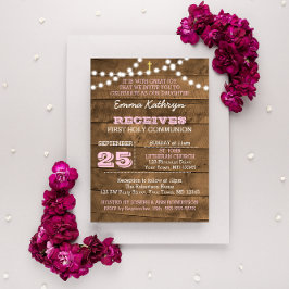 Barnwood verlicht roze eerste communie uitnodiging