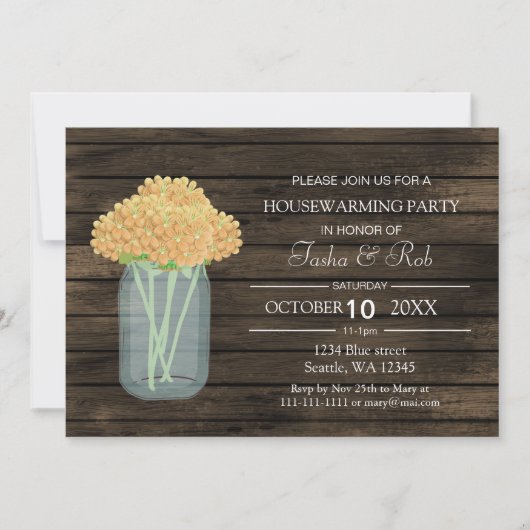 barnwood yellow mason jar Housewarming Invite Kaart (Voorkant)
