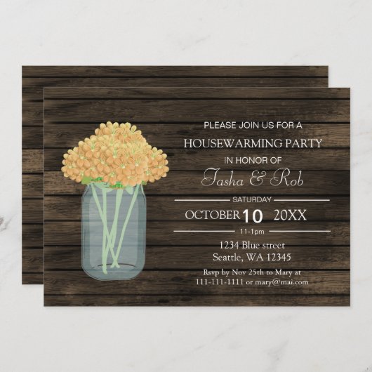 barnwood yellow mason jar Housewarming Invite Kaart (Voorkant / Achterkant)