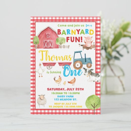 Barnyard 1e verjaardagsfeestje Schattigee boerderi Kaart (Staand voorkant)