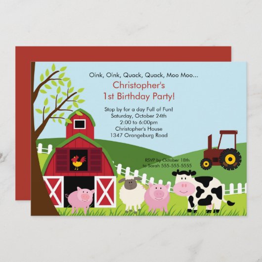 Barnyard Animal Fun Birthday Party Kaart (Voorkant / Achterkant)