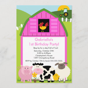 Barnyard Animal Fun Birthday Party Pink Girls Kaart