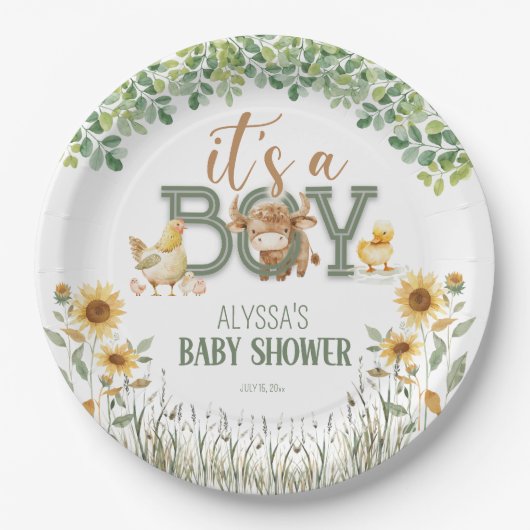 Barnyard Animals Baby Boy Baby shower Papieren Bordje (Voorkant)