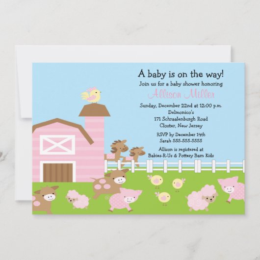 Barnyard Animals Baby Girl Shower Kaart (Voorkant)