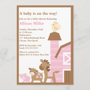 Barnyard Animals Baby Girl Shower Kaart