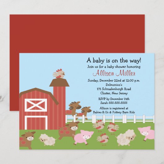 Barnyard Animals Baby Girl Shower Kaart (Voorkant / Achterkant)