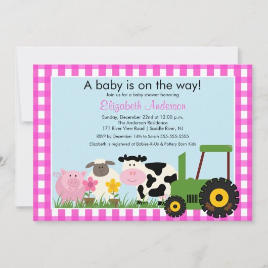 Barnyard Animals Baby shower Invitation Pink Girls Kaart (Voorkant)