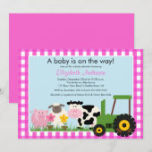 Barnyard Animals Baby shower Invitation Pink Girls Kaart (Voorkant / Achterkant)