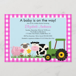 Barnyard Animals Baby shower Invitation Pink Girls Kaart