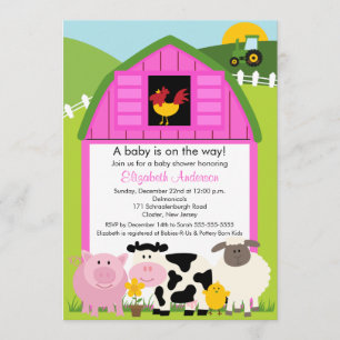 Barnyard Animals Baby shower Invitation Pink Girls Kaart