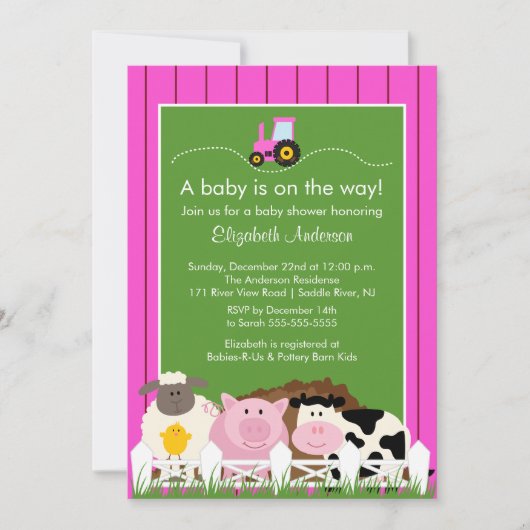 Barnyard Animals Baby shower Invitation Pink Girls Kaart (Voorkant)