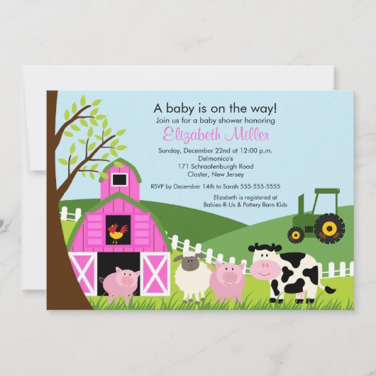 Barnyard Animals Baby shower Invitation roze Girl Kaart (Voorkant)
