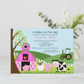 Barnyard Animals Baby shower Invitation roze Girl Kaart (Staand voorkant)