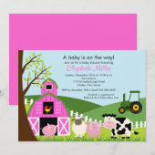 Barnyard Animals Baby shower Invitation roze Girl Kaart (Voorkant / Achterkant)
