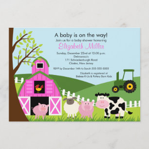 Barnyard Animals Baby shower Invitation roze Girl Kaart