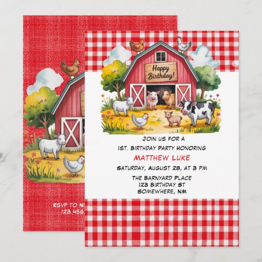 Barnyard Animals Boy 1st. Birthday Party Kaart (Voorkant / Achterkant)