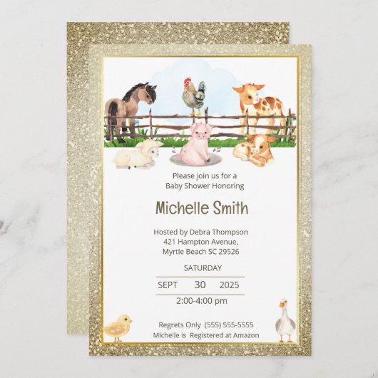 Barnyard Animals Gold Glitter Baby shower Kaart (Voorkant / Achterkant)