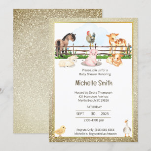 Barnyard Animals Gold Glitter Baby shower Kaart