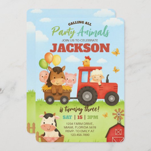 Barnyard Animals Ranch Kids Birthday Kaart (Voorkant / Achterkant)