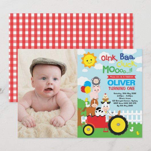 Barnyard Bash Farm Animals 1st Birthday Foto Kaart (Voorkant / Achterkant)