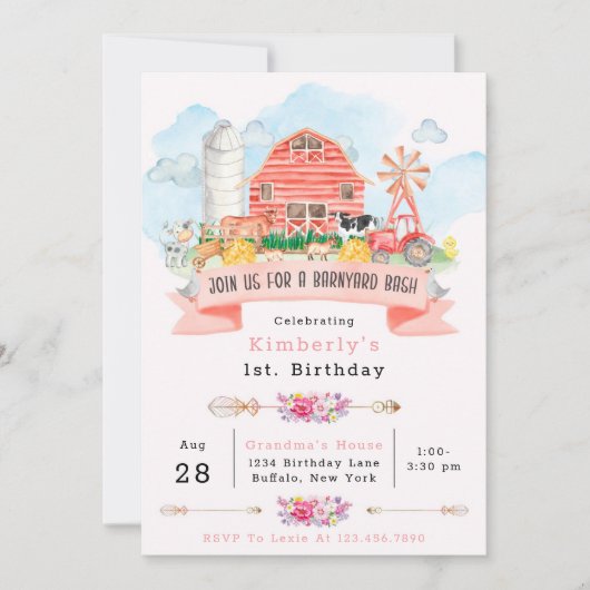 Barnyard Bash Farm Animals 1st. Birthday Party Inv Kaart (Voorkant)