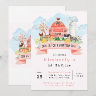 Barnyard Bash Farm Animals 1st. Birthday Party Inv Kaart