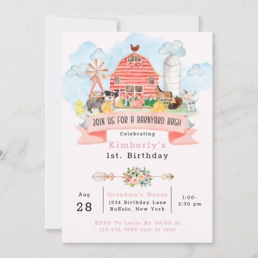 Barnyard Bash Farm Animals 1st. Birthday Party Kaart (Voorkant)