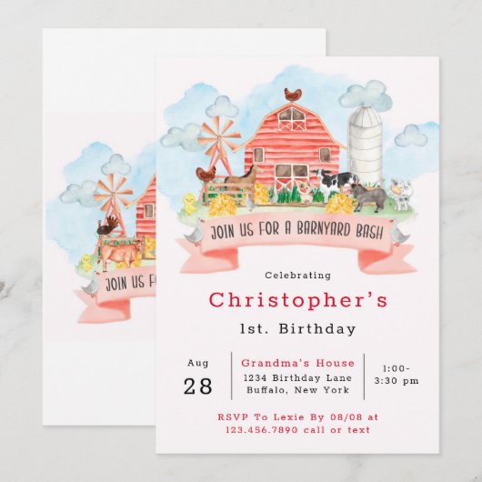 Barnyard Bash Farm Animals 1st. Birthday Party Kaart (Voorkant / Achterkant)