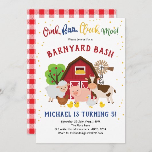 Barnyard Bash, Farm Animals, Petting Zoo, Birthday Kaart (Voorkant / Achterkant)