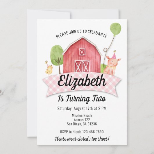 Barnyard Birthday Invitation, Girls Boerderij Part Kaart (Voorkant)