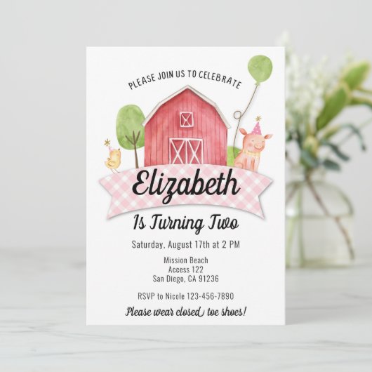 Barnyard Birthday Invitation, Girls Boerderij Part Kaart (Staand voorkant)