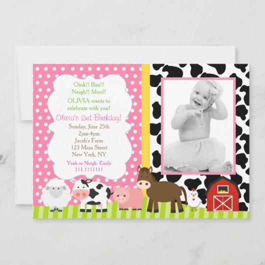 Barnyard Birthday Invitations Girl Kaart (Voorkant)