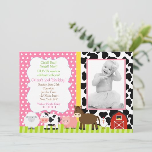 Barnyard Birthday Invitations Girl Kaart (Staand voorkant)