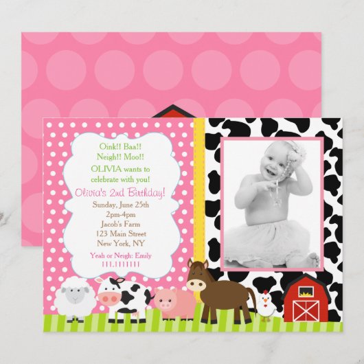 Barnyard Birthday Invitations Girl Kaart (Voorkant / Achterkant)