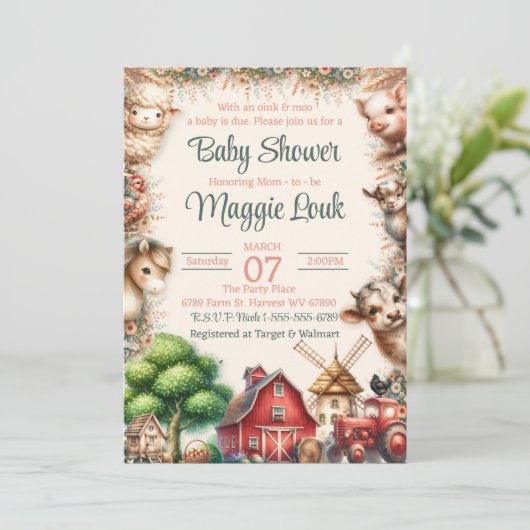 Barnyard Boerderij Animal Baby shower Invitation Kaart (Staand voorkant)
