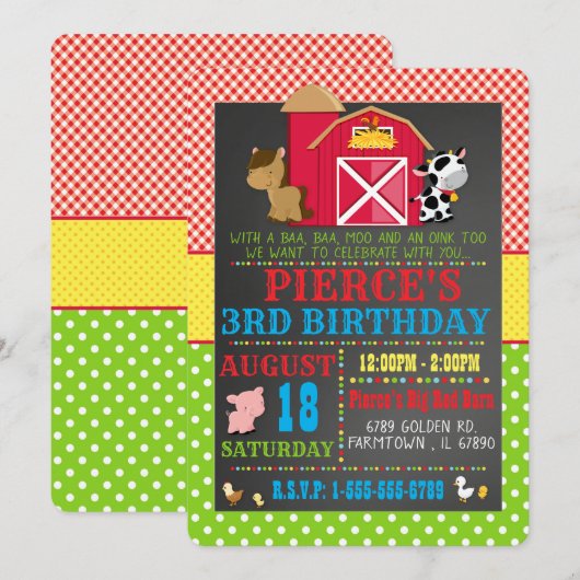 Barnyard Boerderij Animal Birthday Party Invitatio Kaart (Voorkant / Achterkant)