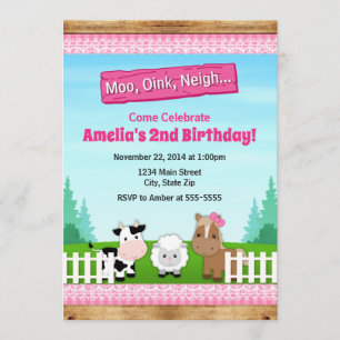 Barnyard Boerderij Birthday Girl Invitation Pink Kaart