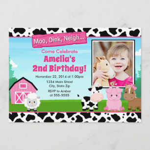 Barnyard Boerderij Birthday Girl Invitation Pink Kaart