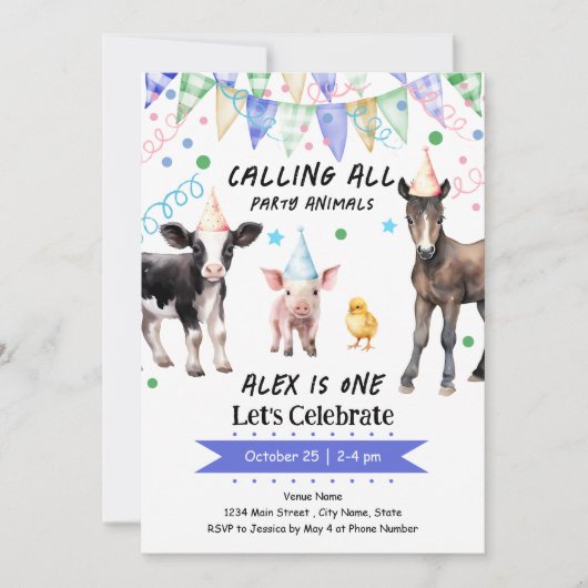 Barnyard Boerderij Dieren 1e Verjaardag Kaart (Voorkant)