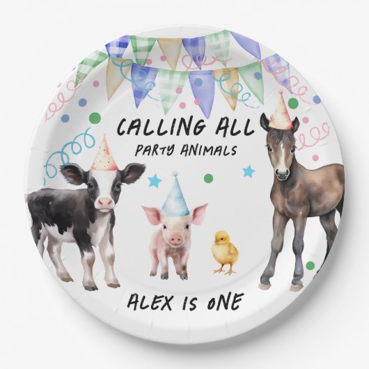 Barnyard Boerderij Dieren 1e Verjaardag Papieren Bordje (Voorkant)