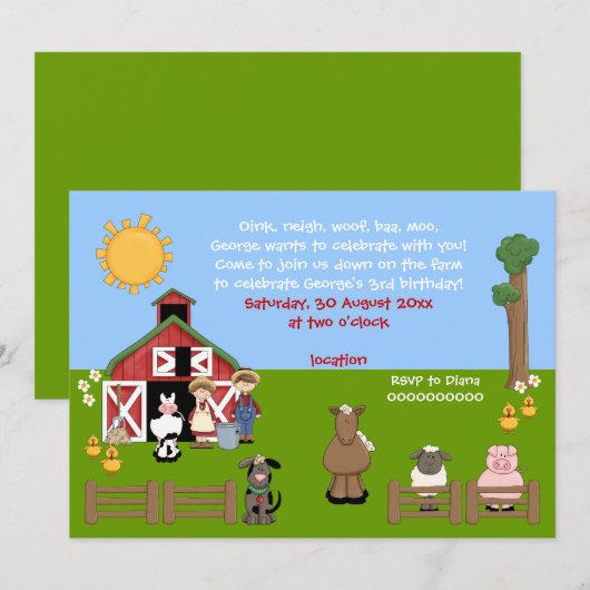 Barnyard boerderij kinderverjaardagsuitnodiging kaart (Voorkant / Achterkant)