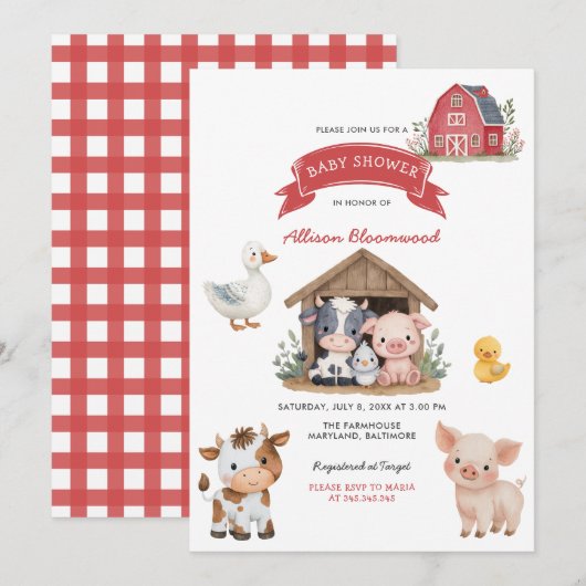 Barnyard Boerderij Leuke Dieren Baby shower Kaart (Voorkant / Achterkant)