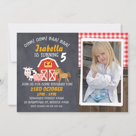 Barnyard Chalkboard Photo Birthday Invitation Kaart (Voorkant)
