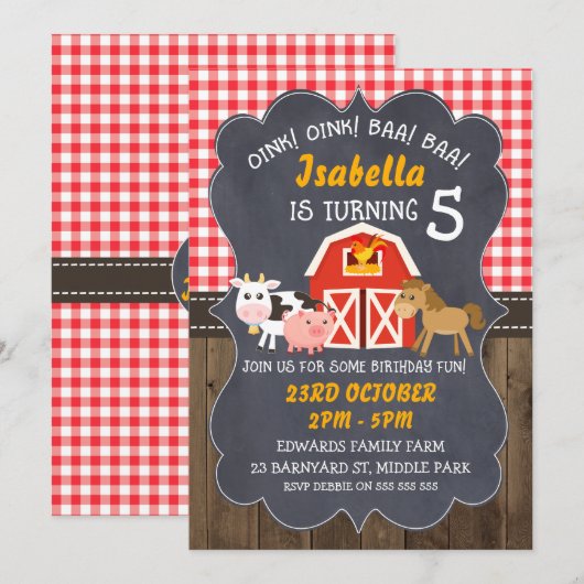 Barnyard Chalkboard Photo Birthday Invitation Kaart (Voorkant / Achterkant)