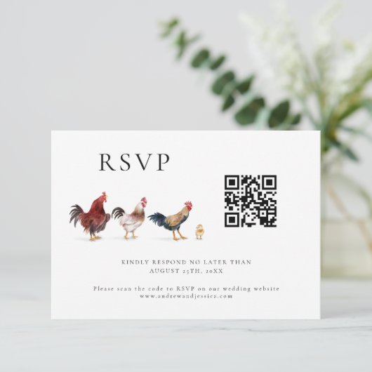 Barnyard Chicken Wedding QR-code RSVP-kaart RSVP Kaartje (Staand voorkant)