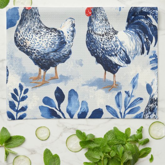 Barnyard Chickens and Botanical Pattern Design Theedoek (Gevouwen)